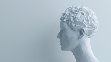 Human head paper sculpture symbolizing brain disorders, isolated for Alzheimer's concept, with copy space, minimalist 