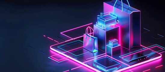 online shopping concept background. product package, bag and cart