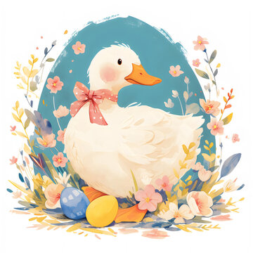 recommend clip art: Cute fluffy duck with Easter egg in meadow with spring wildflowers. Watercolor illustration isolated on white background. Happy easter concept in cartoon style. Element design with pet animal.