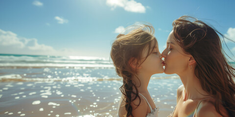 Side view of joyful mother and daughter sharing a kiss on a sunny beach, with copy space