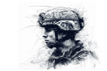 Stylized soldier sketch art inspires creativity, isolated for artist's conceptualization, minimalist 