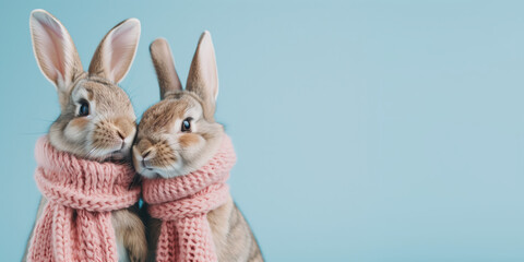 Two adorable Easter bunnies wearing scarves kiss against a pastel blue backdrop with copy space for Valentine's messages, minimalist 