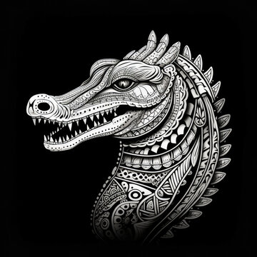Alligator Mandala Style Illustration, black and white