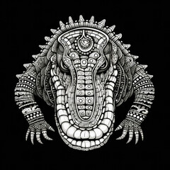Crocodile Mandala Style Illustration, black and white