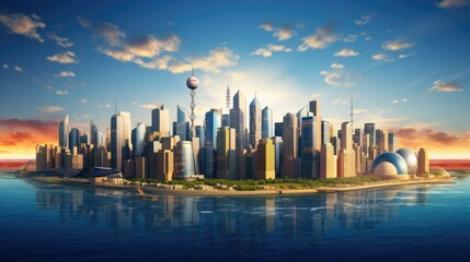 Sunset over the City Landscape on Sea Water Evening time. World Earth Day