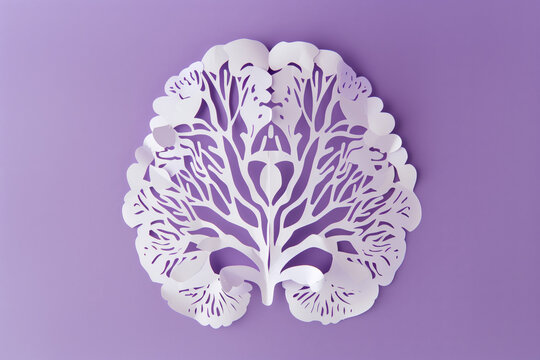 World Brain Tumor Day concept with papercut brain top view, isolated on purple, symbolizing epilepsy, Alzheimer's, and Parkinson's awareness, minimalist