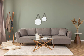 Modern living room interior stylish sofa near green wall.