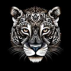 Jaguar Mandala Style Illustration, black and white