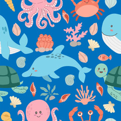 Seamless pattern on a marine theme. baby cute kawaii animals on blue background