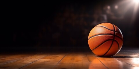 Basketball on Hardwood Court with Dark Background