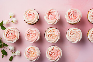 Top view of romantic cupcakes with pink buttercream shaped like a rose flowers