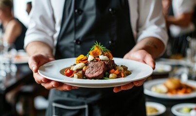 Obraz na płótnie Canvas Waiter carry plate with steak meat or fresh dish on wedding ceremony.