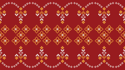 Traditional ethnic motifs ikat geometric fabric pattern cross stitch.Ikat embroidery Ethnic oriental Pixel red background. Abstract,vector,illustration. Texture,christmas,decoration,wallpaper.