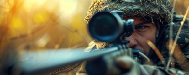 Hunter aiming rifle and looking through a sniper scope