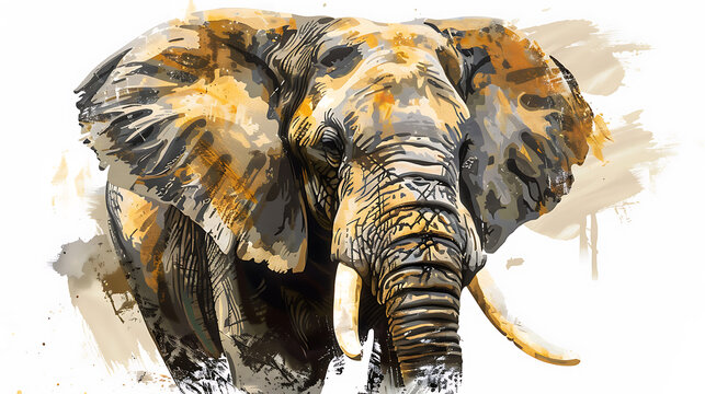 Oil paint hand brush strokes, an elephant on a white background
