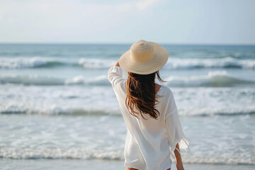 Contemplative Woman Gazing at the Sea in a White Shirt and Sun Hat