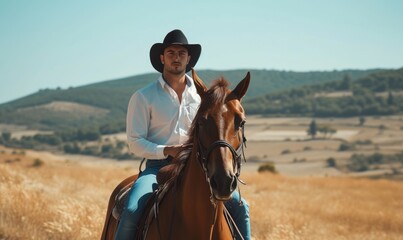 Handsome man  wearing white shirt and dark hat with blue jeans and sitting on horse.