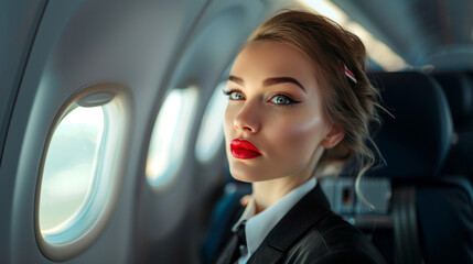 Flight attendant on a passenger plane. 