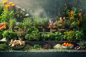 Verdant Kitchen Garden: Fresh Herbs and Vegetables on Rustic Wooden Shelves