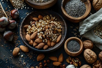 Naklejka premium Rustic Elegance: Assorted Nuts and Seeds on Dark Wooden Backdrop