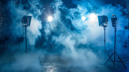 Studio set for making video. Smoke in studio. Studio light - obrazy, fototapety, plakaty