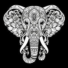 Elephant Mandala Style Illustration, black and white