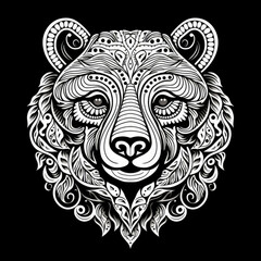 Bear Mandala Style Illustration, black and white