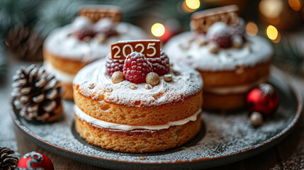 
Holiday cake with fresh raspberries and berries with "2025" lettering in the foreground on a tray, Christmas tree background with bokeh lights.
Concept: restaurants and cafes, holiday menus