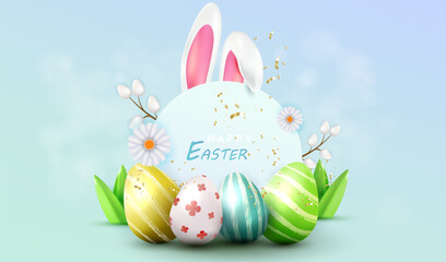 Happy Easter card vector with eggs and flowers. Holiday banner with bunny ears and grass background. 	
