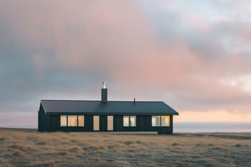 A one-story traditional house design in black and dark grey exterior against the backdrop of a pastel morning sky, showcasing the serene landscape without any human presence - obrazy, fototapety, plakaty