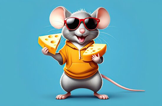 Cute mouse, full body, wearing sunglasses, holding cheese in hand, wearing beach pants, 