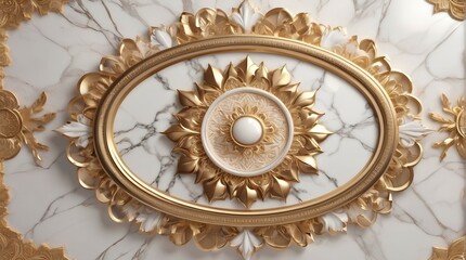 symmetrical background, 3d wallpaper ceiling design model. decorative frame on a luxurious background of gold and white marble and mandala.