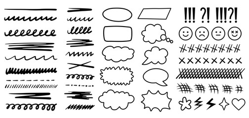 Scribble Doodle Ink brush underline emphasis line shape set. Vector hand drawn squiggles icons
