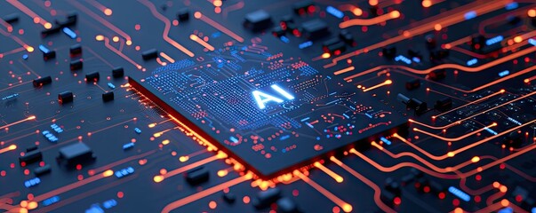 Electronic circuit with chip processor in center with AI sign. CPU concept.