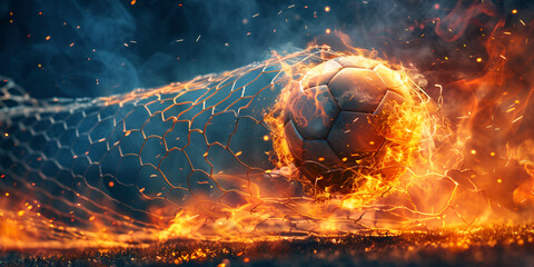 Burning football Scores Goal with Fiery nets