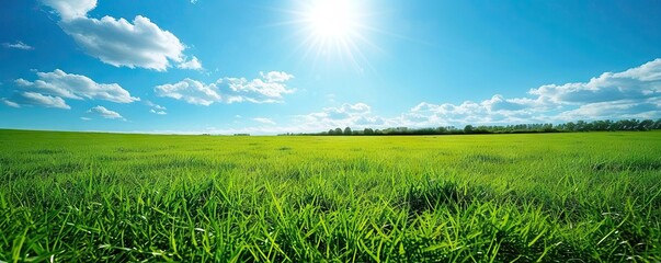 green grass and blue sky in wide banner. Beautiful meadow and sunlight
