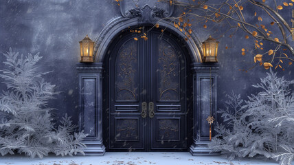 A detailed 8K image of 3D double doors with Christmas lanterns and engraved obsidian, set against a...