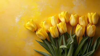 A textured yellow background complements an array of yellow tulips lying flat, creating an artistic floral display