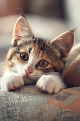 Adorable cute tabby cat portrait, kitten head and paws on a sofa - 752277369