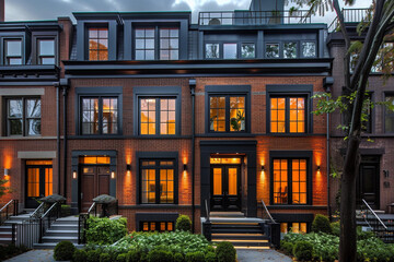A townhouse with discreet outdoor lighting in an urban setting with a silver night sky
