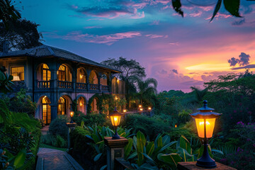 A traditional villa with period-appropriate outdoor lamps, nestled within a botanical garden, under the serene sky of a rose twilight - obrazy, fototapety, plakaty