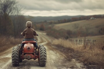 This evocative image shows a boy riding an old red tractor on a winding dirt road amidst a fall setting