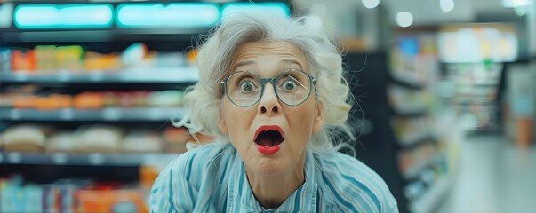 Middle-Aged Woman's Reaction to Steep Supermarket Prices. Concept Groceries, Budgeting, Middle-Aged, Consumerism, Reactions - obrazy, fototapety, plakaty