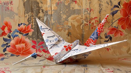 Origami crane adorned with female symbols in vibrant colors