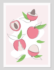 Poster with lychee in flat minimal design. Lychee flat minimal illustration composition. Lychee simple Vector illustration.
