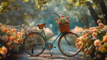Deurstickers A vintage bike with a basket of flowers © AI By Ibraheem