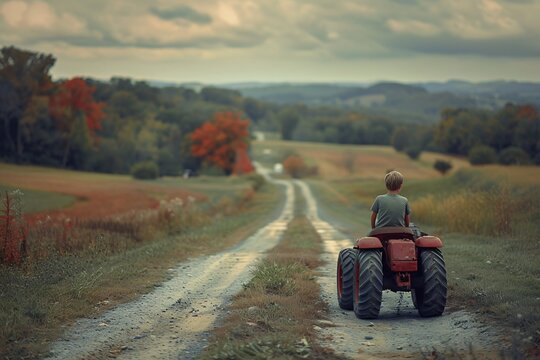 An image depicting a young child driving a red tractor along a country road, surrounded by the colors of fall