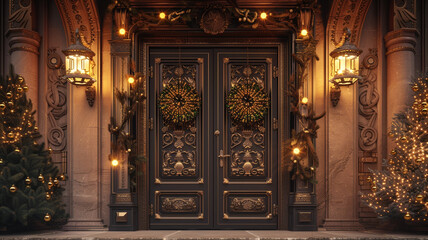 Fototapeta na wymiar An 8K artistic impression of grand 3D double doors with Christmas lanterns and obsidian carvings, against a light brown background