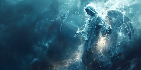 An angelic figure controls a raging storm with lightning and thunder. Concept Angelic Powers, Storm Manipulation, Lightning Control, Weather Magic, Divine Intervention - obrazy, fototapety, plakaty