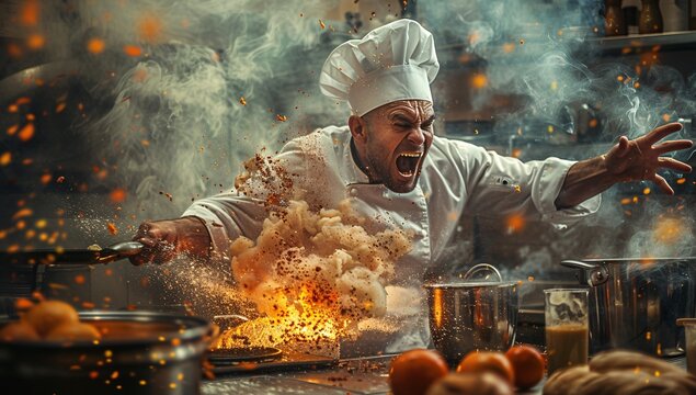 A chef in full uniform is captured amidst a dynamic and explosive cooking scene, embodying the passion and intensity of culinary arts